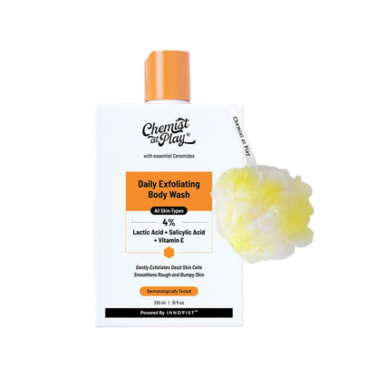 Chemist At Play Exfoliating Body Wash 236ml | Removes Tan, Fights Body Acne, Strawberry Skin | 4% (Salicylic Acid, Vitamin E & Lactic Acid) | Gentle Exfoliating Shower Gel For Women & Men