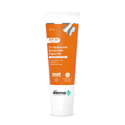 The Derma Co 1% Hyaluronic Sunscreen Aqua Gel SPF 50 PA++++ | Hydrating, Lightweight & Non-Greasy | No White Cast | Broad Spectrum & Blue Light Protection | Clinically Tested - (In-Vivo) | 80 g
