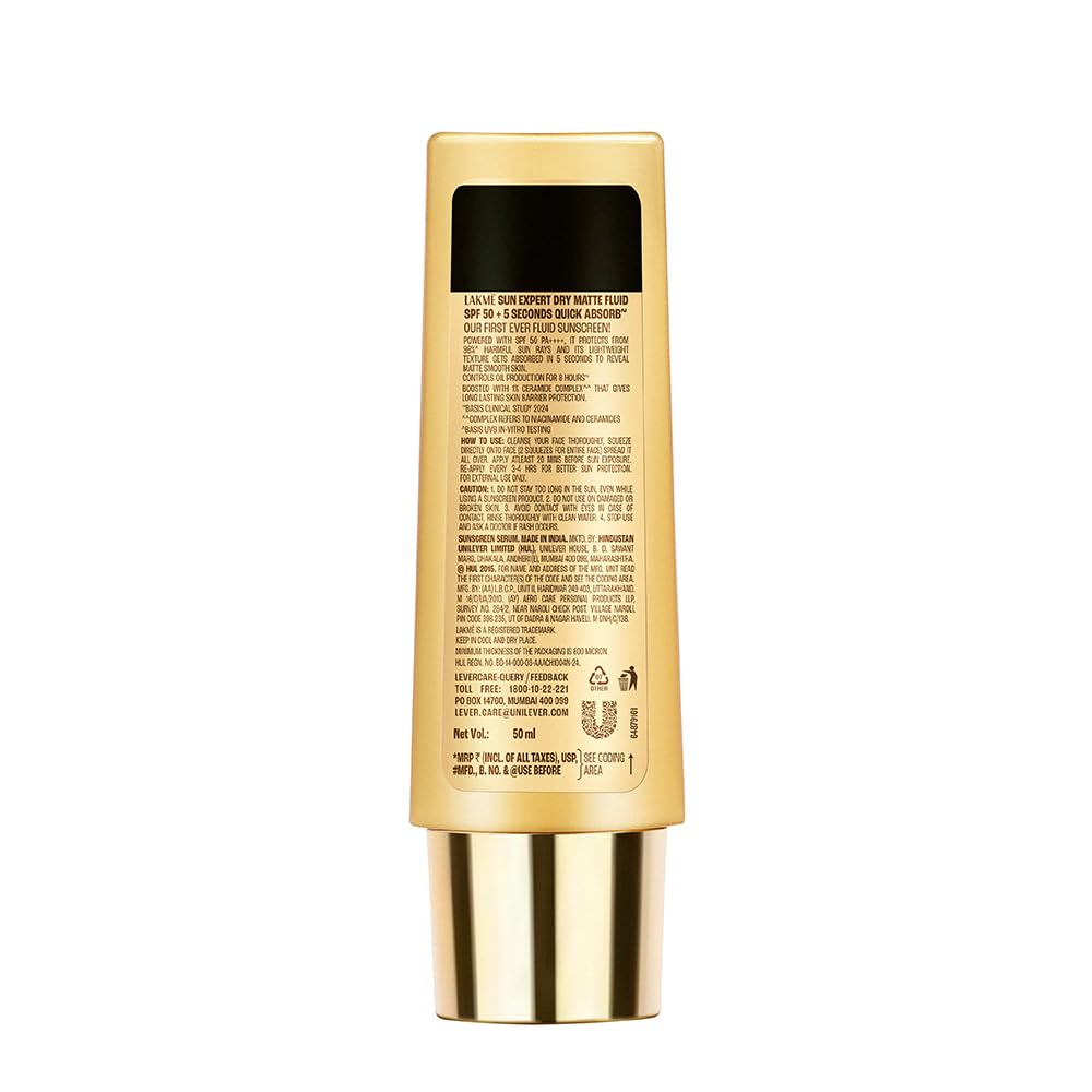 Lakme Sun Expert Dry Matte Fluid SPF 50++++ Sunscreen with 1% niacinamide & ceramide, for oily skin & combination skin 50ml