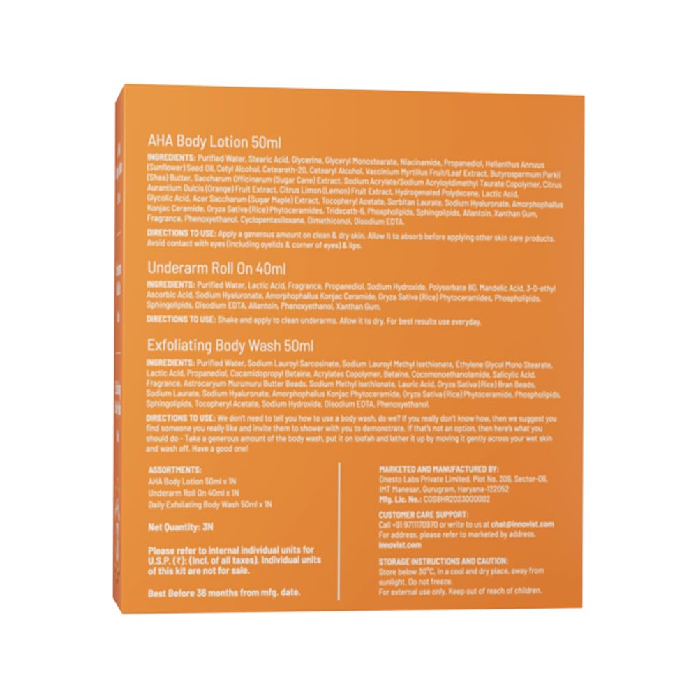 Chemist At Play Exfoliating Kit | Exfoliating Body Wash Removes Tan | Underarm Roll On Fights Odour & Brightens Underarm | AHA Body Lotion Nourishes Skin | 140ml
