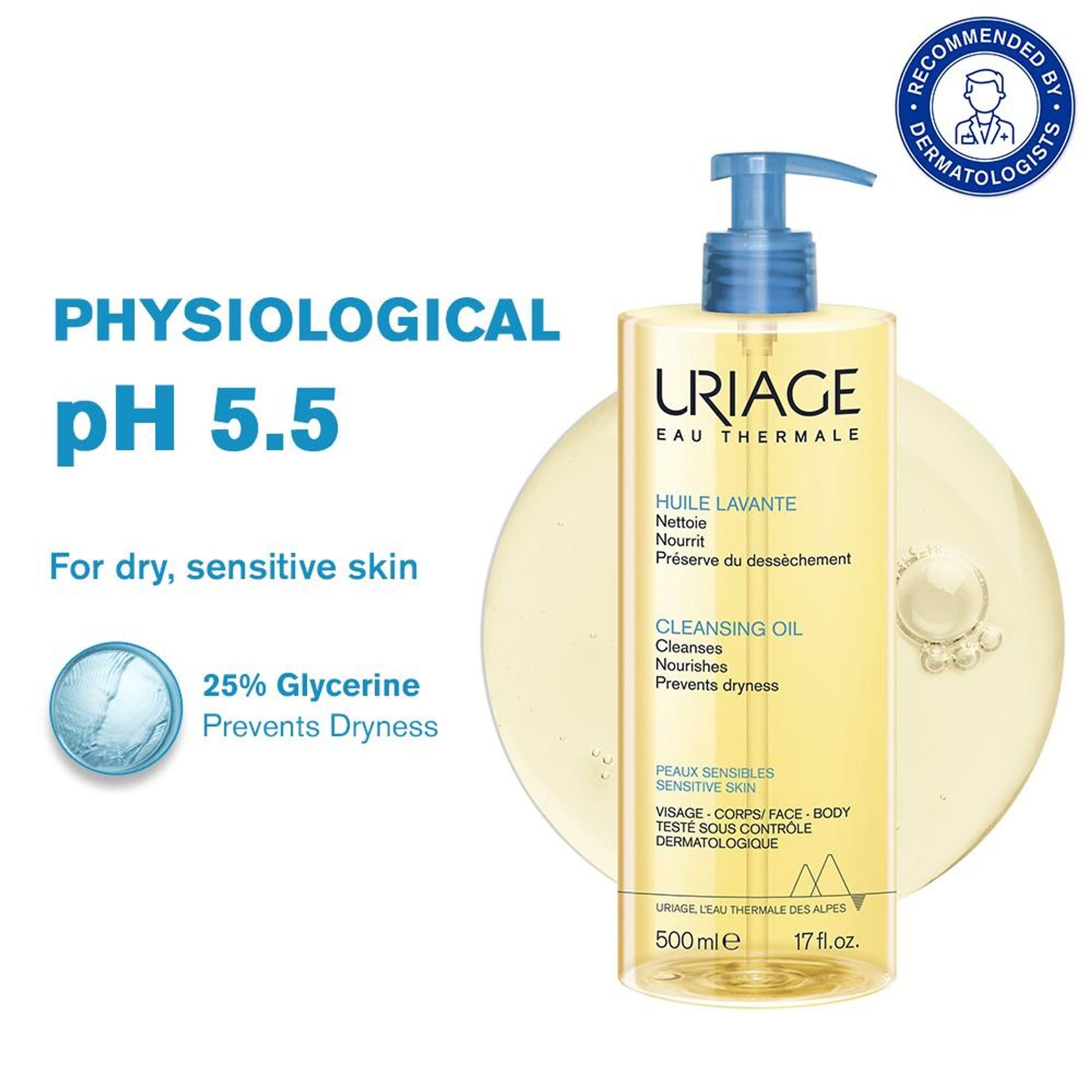 Uriage Cleansing Oil with 25% Glycerin Dermat Recommended Gently Cleanses & Moisturizes Face & Body