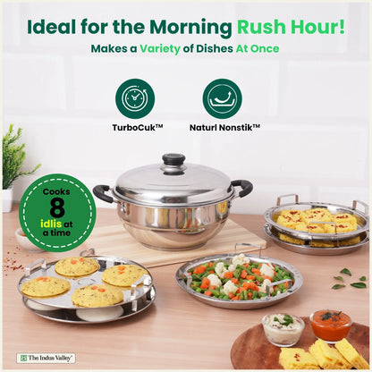 The Indus Valley 8 Pit Tri-Steel Multi Pot Premium Stainless Steel Idli/ Dhokla/ Momo Maker/ Veg Steaming Set, Tri-ply Induction Bottom, 5 Plates, 3L