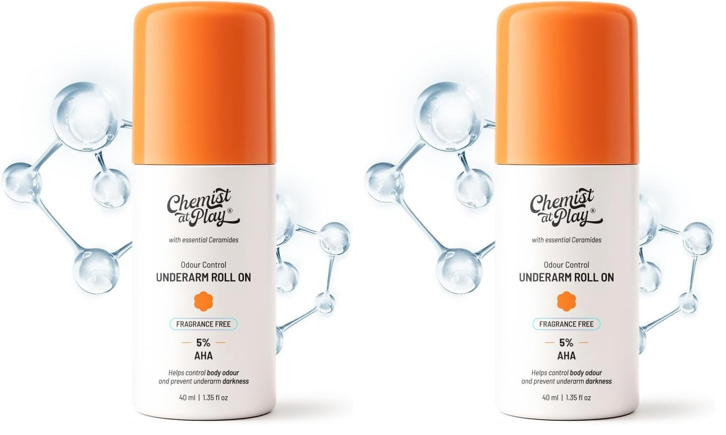 Chemist At Play UnderArm Roll-On with 5% AHA, Lactic Acid & 1% Mandelic Acid|Prevents Body Odour, Fades Pigmentation & Kills Bacteria|0% Aluminium & 0% Alcohol | For Sensitive Skin|Aqua Fragrance|40ml