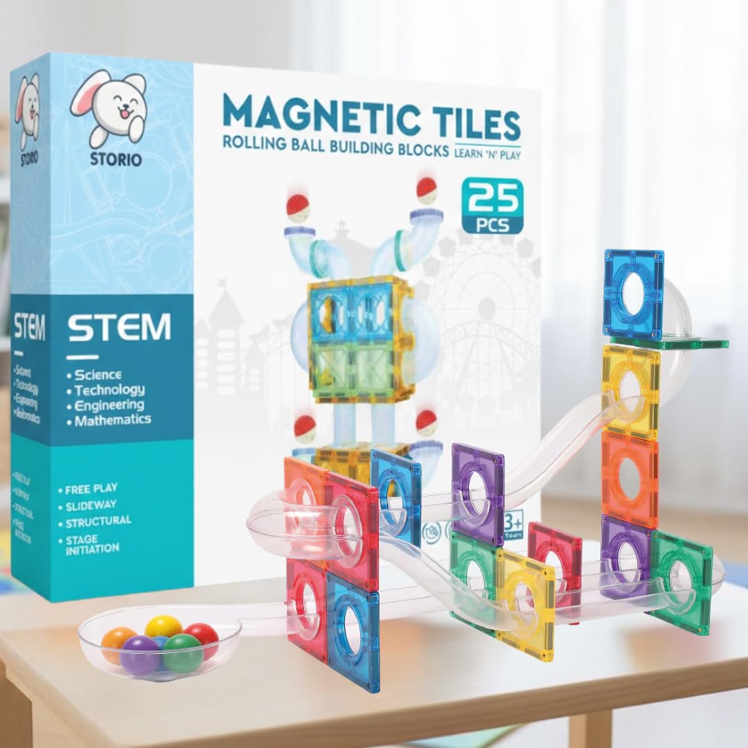 Storio Magnetic Ball Runner Tiles Building Set for Kids | 25 PCS STEM Educational Toy with Marble Run, Slides & Windows | 3D Magnetic Blocks Construction Toy for Boys & Girls Age 3+ | Learning Toy