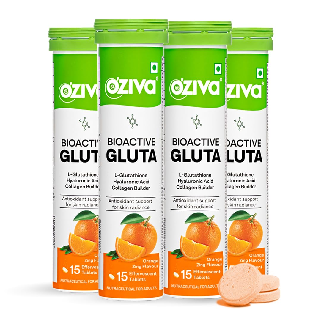 OZiva Bioactive Glutathione Tablets for Radiant Skin - 30 Effervescent Tablets  | L-Glutathione, Lycopene, Vitamin C for Skin Glow & Anti-Pigmentation | Orange