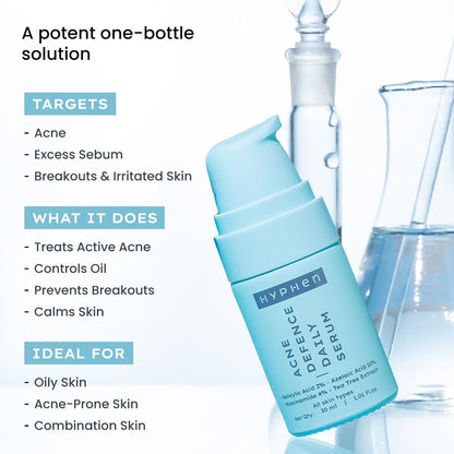 Hyphen Anti Acne 10% Azelaic Acid 2% Salicylic Acid Face Serum | 4% Niacinamide -Reduce Acne Marks, Fight Pimples | Tea Tree Extract -Soothes | Daily Serum for Women, Men | Oily, Acne Prone Skin -30ml