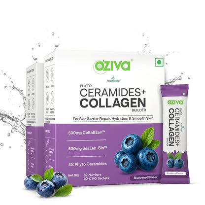 OZiva Phyto Ceramides+ Collagen Builder Supplements | Veg Collagen Powder for Women | Supplement for Skin Hydration, Moisture Retention & Barrier Repair | Blueberry, 30 Sachets