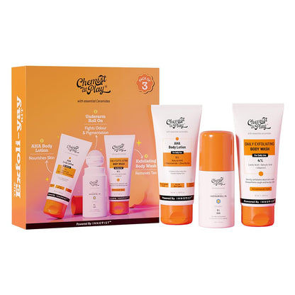 Chemist At Play Exfoliating Kit | Exfoliating Body Wash Removes Tan | Underarm Roll On Fights Odour & Brightens Underarm | AHA Body Lotion Nourishes Skin | 140ml