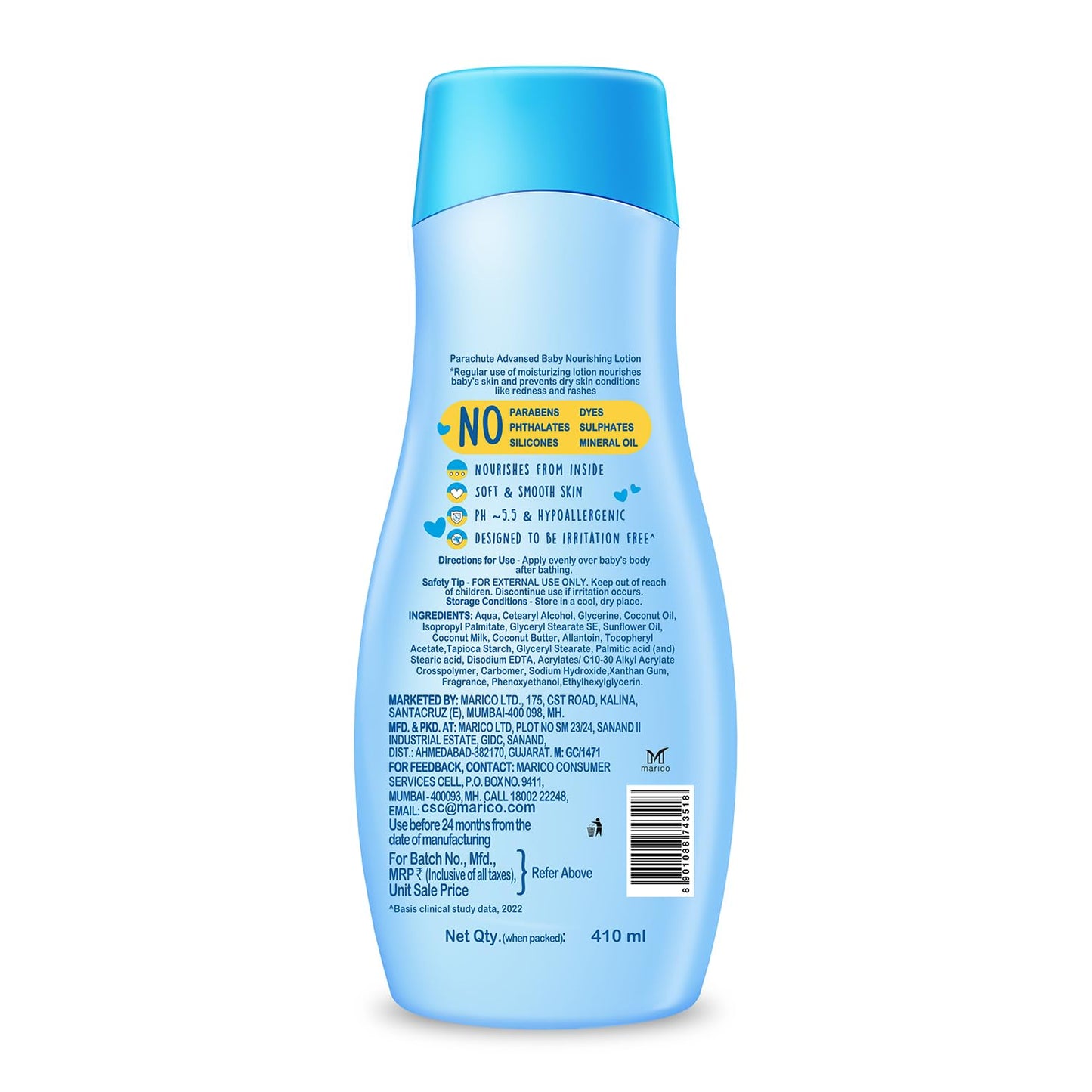 Parachute Advansed Baby Lotion for New Born Babies | Doctor Certified | Virgin Coconut Oil & Coconut Milk | Ph 5.5 | 24 Hour Moisturization | 410ml
