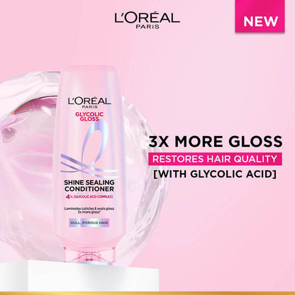 L'Oreal Paris Floral Glycolic Gloss Shine Sealing Conditioner, Powered By 4% Glycolic Acid, For Dull Hair, Smoothens Hair Fiber For 3X More Gloss, 175Millilitre