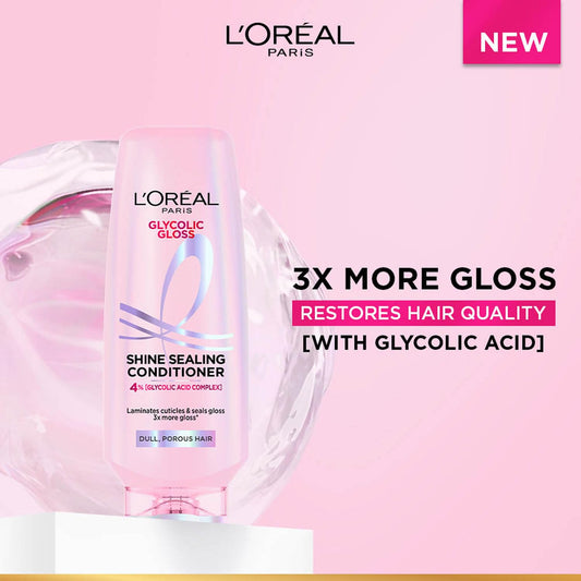 L'Oreal Paris Floral Glycolic Gloss Shine Sealing Conditioner, Powered By 4% Glycolic Acid, For Dull Hair, Smoothens Hair Fiber For 3X More Gloss, 175Millilitre