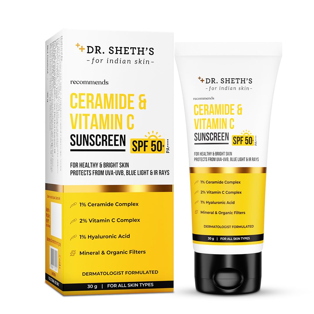 Dr. Sheth's Ceramide & Vitamin C Sunscreen | In-Vivo Tested | Protects, Moisturizes & Brightens Skin | SPF 50+ PA++++ | Lightweight, Leaves No White Cast | 50 g