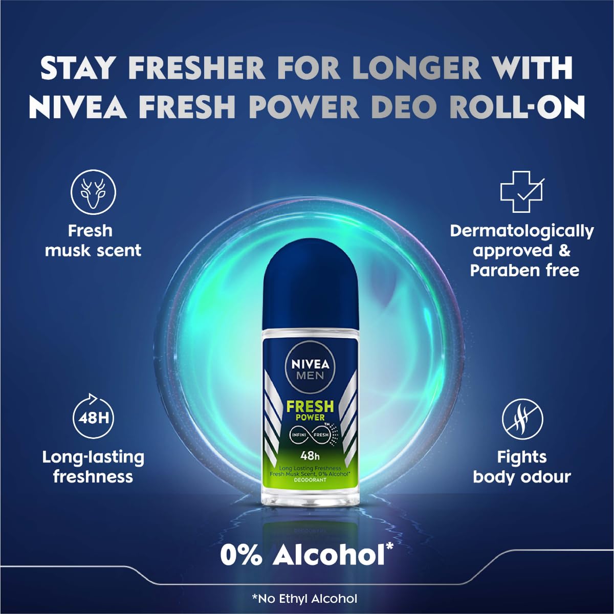 NIVEA Men Fresh Power Roll-On Deodorant 50ml - Long-Lasting Musk Fragrance