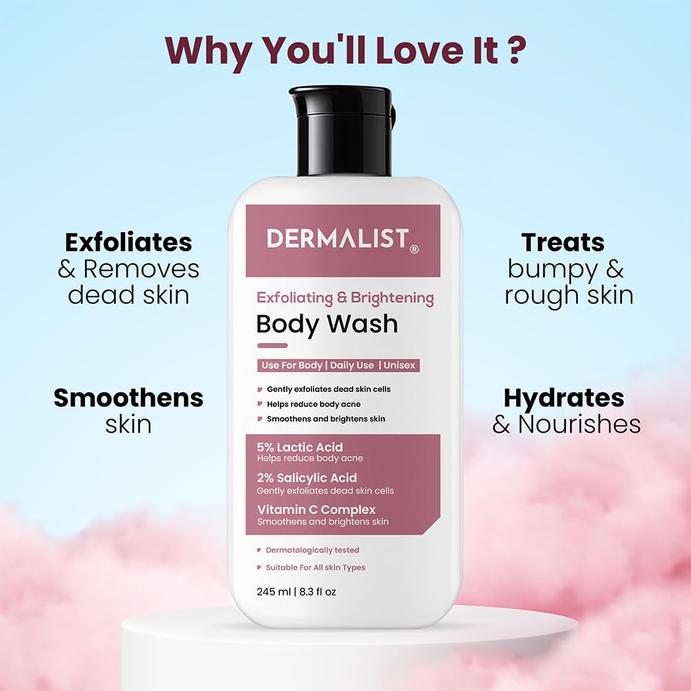 Dermalist Exfoliating & Brightening Body Wash 5% Lactic Acid + 2% Salicylic Acid + Vitamin C and De-Tan Shower Gel For Men & Women Reduces Body Acne & Dead Skin 245ml