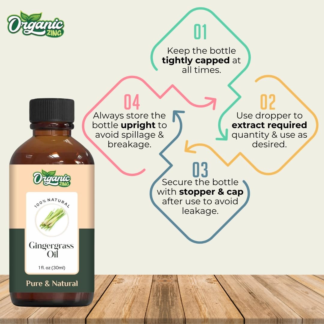 Organic Zing Gingergrass (Cymbopogon martinii) Oil | Pure & Natural Essential Oil for Skincare, Hair Care, Aroma and Diffusers