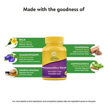 Kerala Ayurveda Manasamitra Vatakam | Ayurvedic Sleeping Tablets for Deep Sleep & Stress Relief | With Ashwagandha, Bala, Shankhapushpi | Non-Habit Forming | 25 Tabs