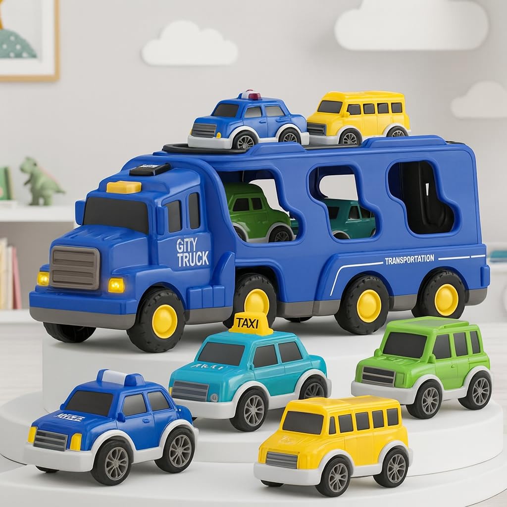 Mini Explorer 5 in 1 Police Trucks Boy Toys for 3-5 Year Old Toddlers - Toys for 3 4 5 6 7 Years Old Transport Vehicle Carrier Truck Sets Kids Boys & Girls