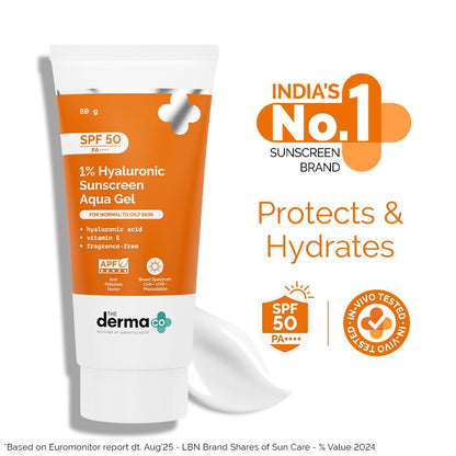 The Derma Co 1% Hyaluronic Sunscreen Aqua Gel SPF 50 PA++++ | Hydrating, Lightweight & Non-Greasy | No White Cast | Broad Spectrum & Blue Light Protection | Clinically Tested - (In-Vivo) | 80 g