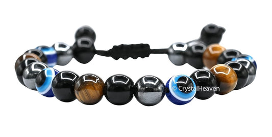 Total Protection Crystal Bracelet for Men Women - Tiger Eye, Black Obsidian, Hematite, Evil Eye Bracelet Set - Real Healing Stone Adjustable Bracelet