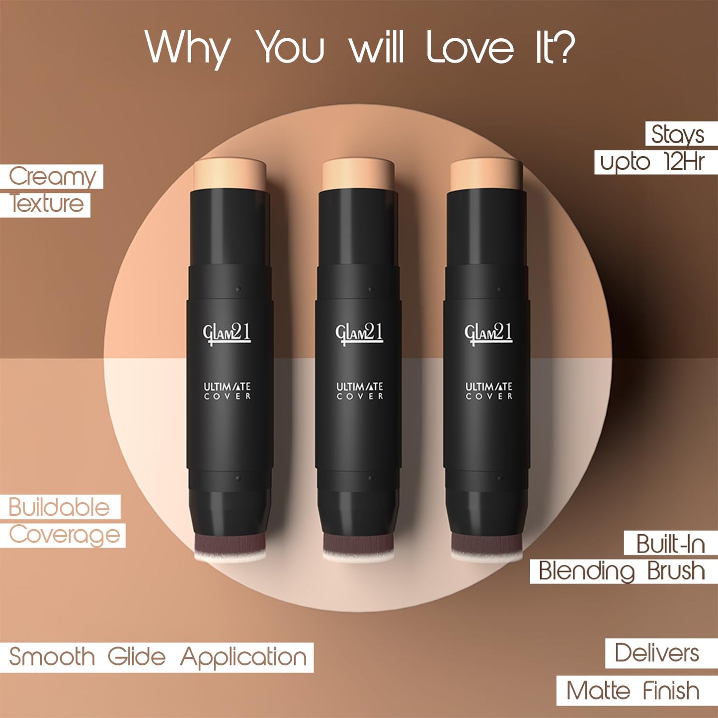 Glam21 Foundation Stick with Brush, Waterproof Matte Finish, 8g Vanilla Twist