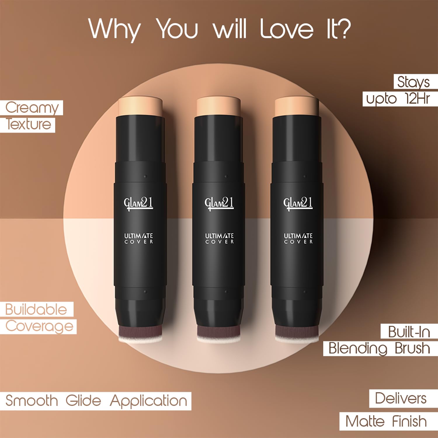 Glam21 Foundation Stick with Brush, Waterproof Matte Finish, 8g Vanilla Twist