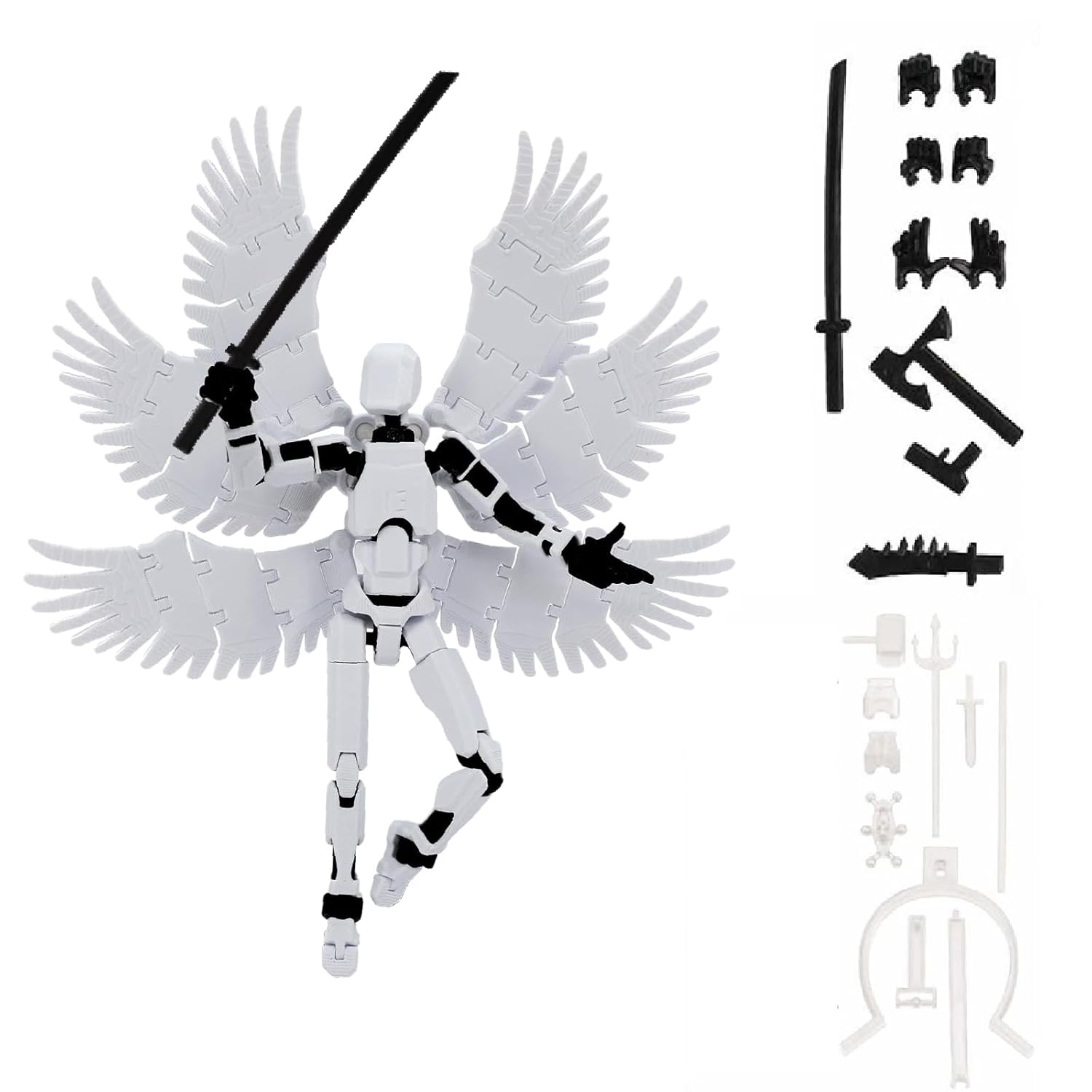 Action Figure Toys,DIY Assembly Dummy 13 Action Figures,Six-Winged Articulated Joints Robot,Desktop Decorations,Gift Idea for Adults (White six-Winged, with a Display Stand) (White)