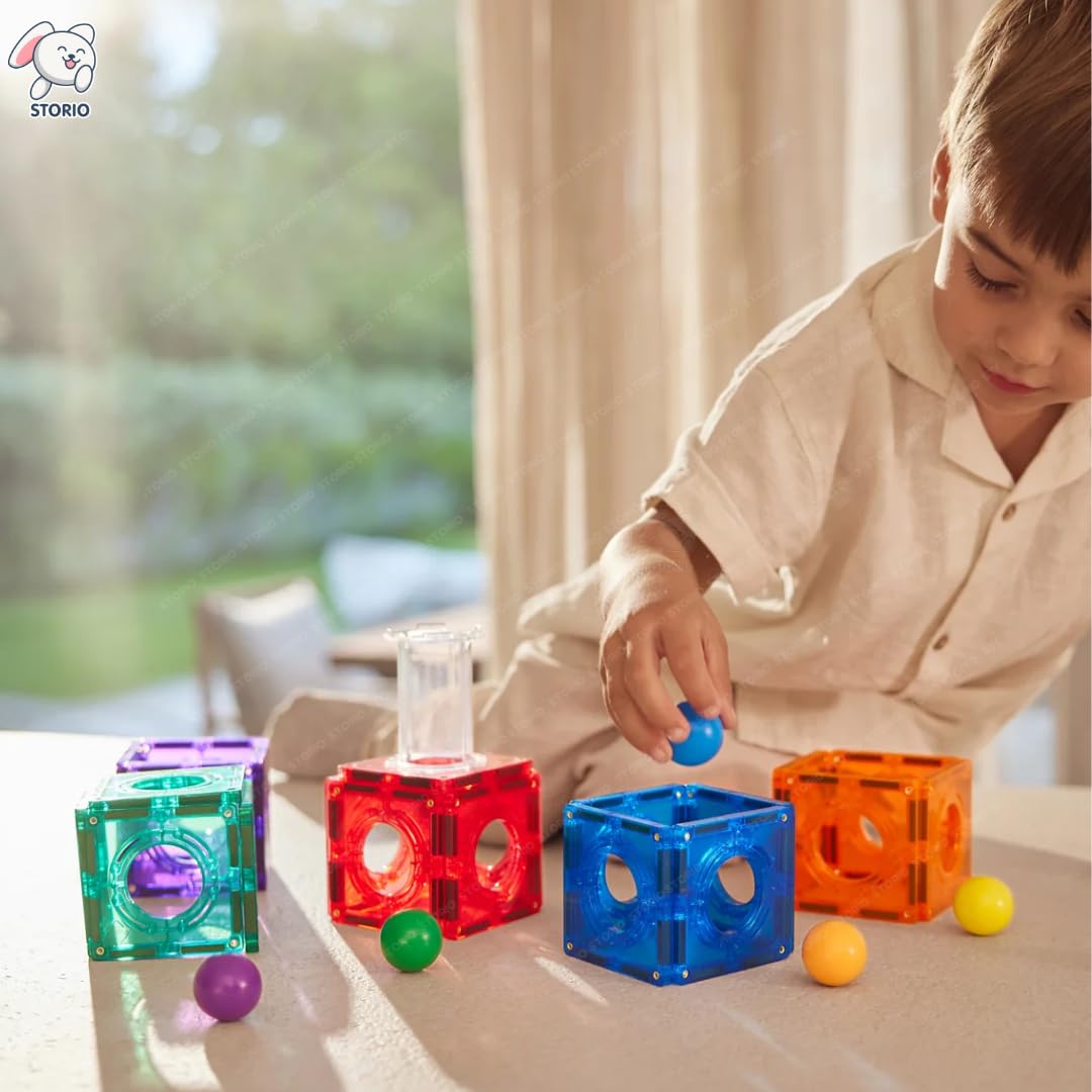 Storio Magnetic Ball Runner Tiles Building Set for Kids | 25 PCS STEM Educational Toy with Marble Run, Slides & Windows | 3D Magnetic Blocks Construction Toy for Boys & Girls Age 3+ | Learning Toy