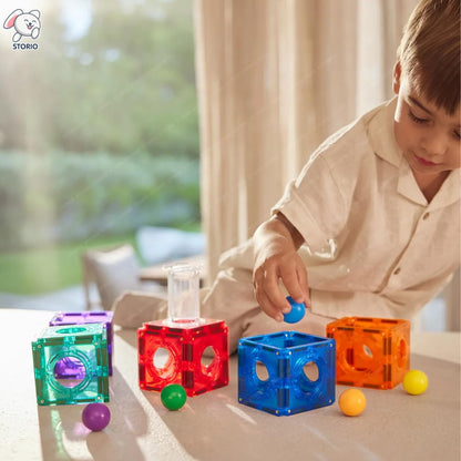 Storio Magnetic Ball Runner Tiles Building Set for Kids | 25 PCS STEM Educational Toy with Marble Run, Slides & Windows | 3D Magnetic Blocks Construction Toy for Boys & Girls Age 3+ | Learning Toy