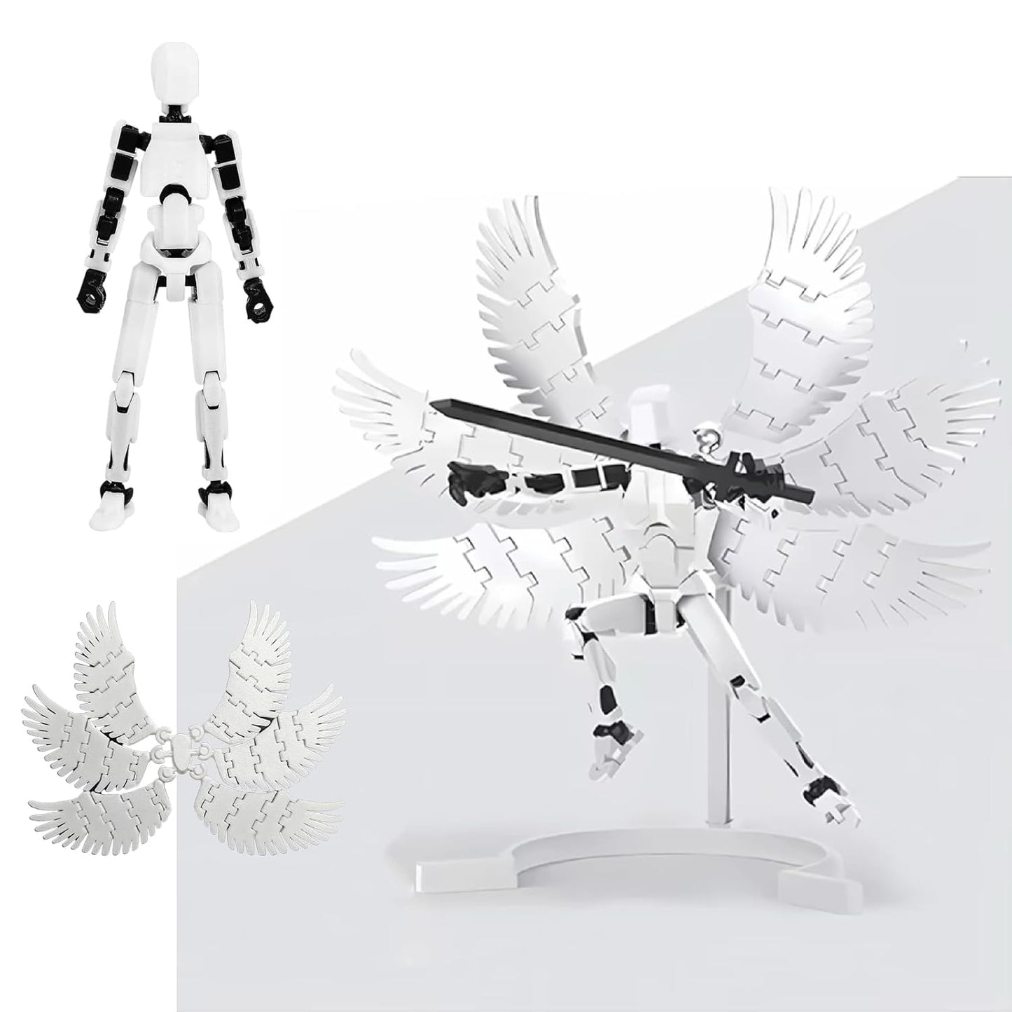 Action Figure Toys,DIY Assembly Dummy 13 Action Figures,Six-Winged Articulated Joints Robot,Desktop Decorations,Gift Idea for Adults (White six-Winged, with a Display Stand) (White)