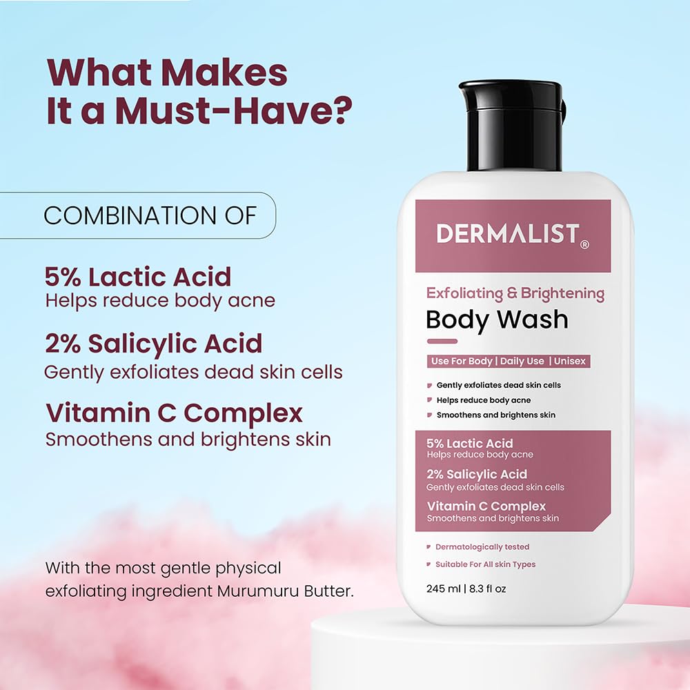 Dermalist Exfoliating & Brightening Body Wash 5% Lactic Acid + 2% Salicylic Acid + Vitamin C and De-Tan Shower Gel For Men & Women Reduces Body Acne & Dead Skin 245ml