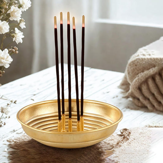 Sacch Brass One Agarbatti Stand with 5 Holders, Ash Catcher Tray for Pooja Room and Office Space. (Medium)