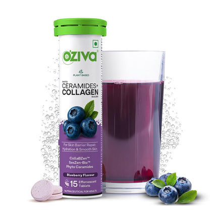 OZiva Phyto Ceramides+ Collagen Builder | For Mositure Retention, Barrier Repair & Hydration Boost | With Suran Extracts, CollabZen & SesZen-Bio | Blueberry Flavour