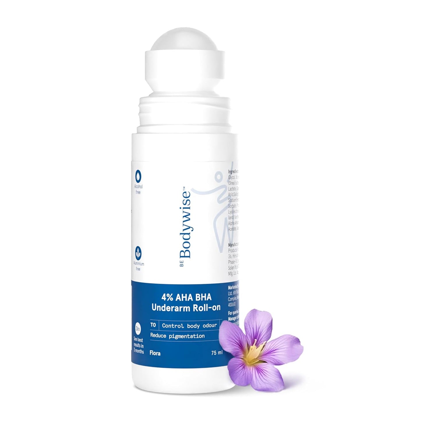 Be Bodywise 6% AHA BHA Underarm Roll On Deodorant,Flora Fragrance,1% Mandelic, 4% Lactic,1% Salicylic & Kojic Acid, Prevents Body Odour,Fades Pigmentation,Kills Bacteria, Alcohol & Aluminum Free, 50ml