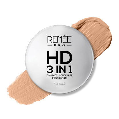 RENEE PRO HD 3 In 1 Compact,Concealer, Foundation - Gres, SPF 20, Matte Finish, High Coverage, Ultralight & Silky Smooth Finish, Enriched With Vitamin E, C & Aloe Vera - 9 Gm