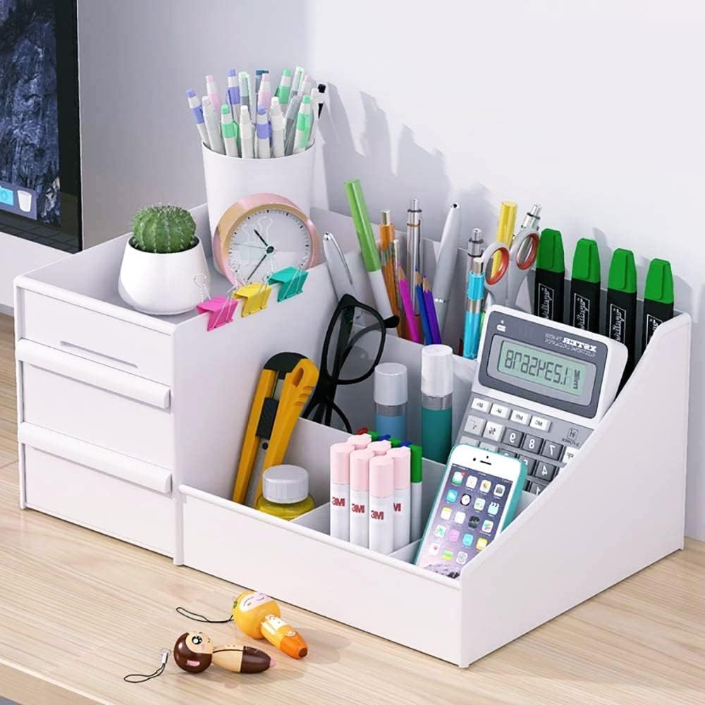 SHUTTLE ART Modern Desk Storage Organizer Box with 2 Drawers –Stackable Desk Organizer with Pen Holder and 5 Compartments – Perfect for Office, Home, School, Art Supplies, Crafts, and Stationery(Blue)