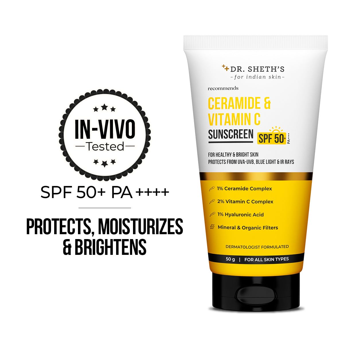 Dr. Sheth's Ceramide & Vitamin C Sunscreen | In-Vivo Tested | Protects, Moisturizes & Brightens Skin | SPF 50+ PA++++ | Lightweight, Leaves No White Cast | 50 g