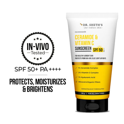 Dr. Sheth's Ceramide & Vitamin C Sunscreen | In-Vivo Tested | Protects, Moisturizes & Brightens Skin | SPF 50+ PA++++ | Lightweight, Leaves No White Cast | 50 g