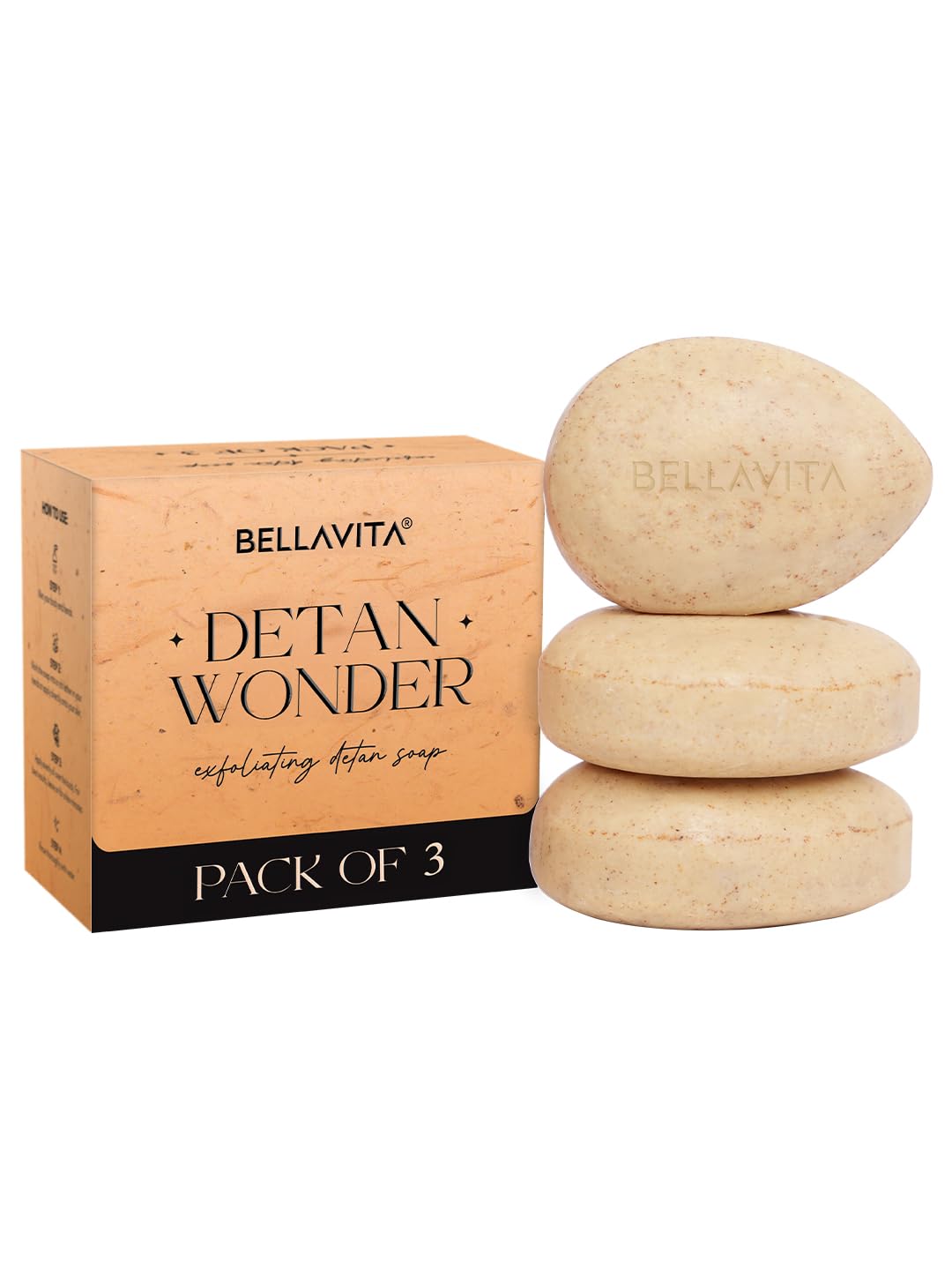 Bellavita De-Tan Wonder Soap | Pack of 3 | Exfoliating Face & Body Soap for Tan Removal | Enriched with Kojic Acid, Jojoba Oil & Alpha Arbutin | Paraben & Mineral Oil Free, 100g