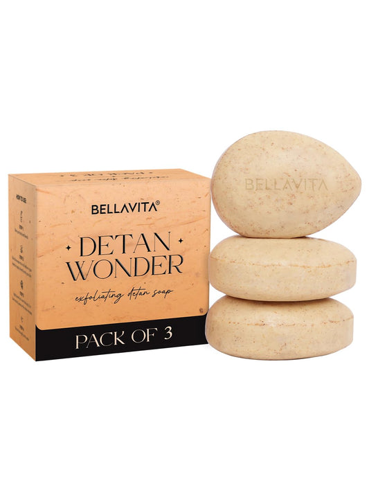 Bellavita De-Tan Wonder Soap | Pack of 3 | Exfoliating Face & Body Soap for Tan Removal | Enriched with Kojic Acid, Jojoba Oil & Alpha Arbutin | Paraben & Mineral Oil Free, 100g