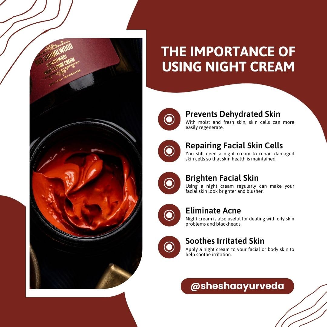 Shesha Ayurveda Red Sandalwood Skin Brightening & Night Repair Cream For Men & Women – For Natural, Anti-Aging, Hydrating, And Radiant Skin, Natural, Ayurvedic