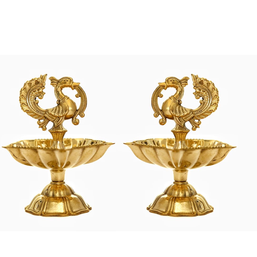 Peacock Diya | Peacock Design Brass Diya | Brass Diyas for Home | Kuthu Vilakku Decoration Items for Home Decor | 3.5 Inch | Diya for Diwali | Ideal for Gifting - 2 Pcs Set
