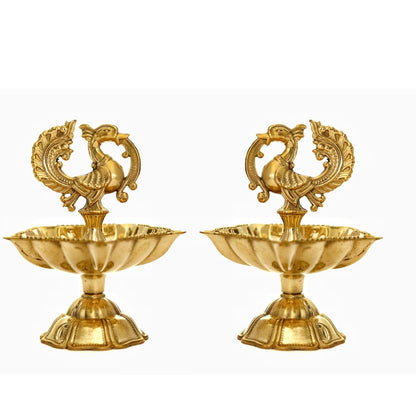 Peacock Diya | Peacock Design Brass Diya | Brass Diyas for Home | Kuthu Vilakku Decoration Items for Home Decor | 3.5 Inch | Diya for Diwali | Ideal for Gifting - 2 Pcs Set