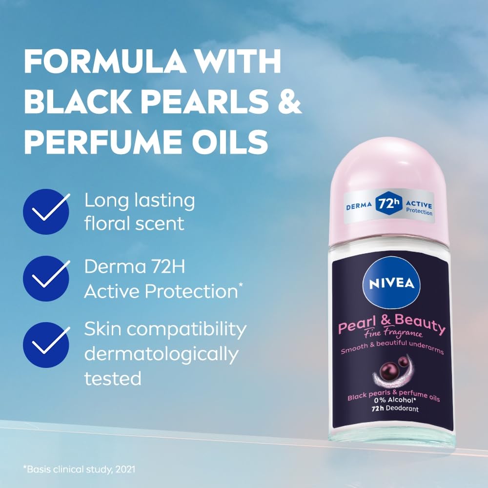 NIVEA Pearl & Beauty Women's Deodorant Roll-On, 72H Floral Scent, 50ml