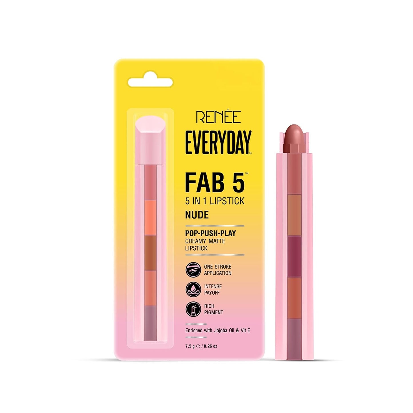 RENEE Everyday Fab 5 5-in-1 Nude Matte Lipstick | 5 Shades In 1 Stick, Matte Finish, Intense Colour Pay-off | Creamy Formula, Glides Easily, One Stroke Application | With Jojoba Oil & Vitamin E | 7.5 g