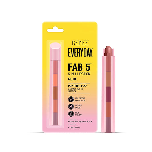 RENEE Everyday Fab 5 5-in-1 Nude Matte Lipstick | 5 Shades In 1 Stick, Matte Finish, Intense Colour Pay-off | Creamy Formula, Glides Easily, One Stroke Application | With Jojoba Oil & Vitamin E | 7.5 g
