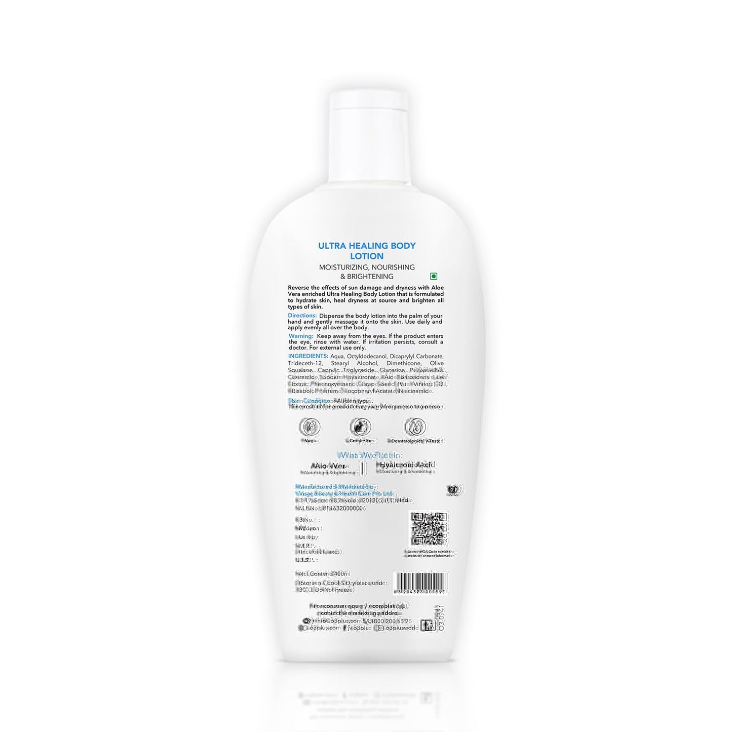 O3+ Ultra Healing Brightening Body Lotion Moisturiser With Hyaluronic Acid & Aloe Vera 400ml, For All Skin Types - For Men & Women