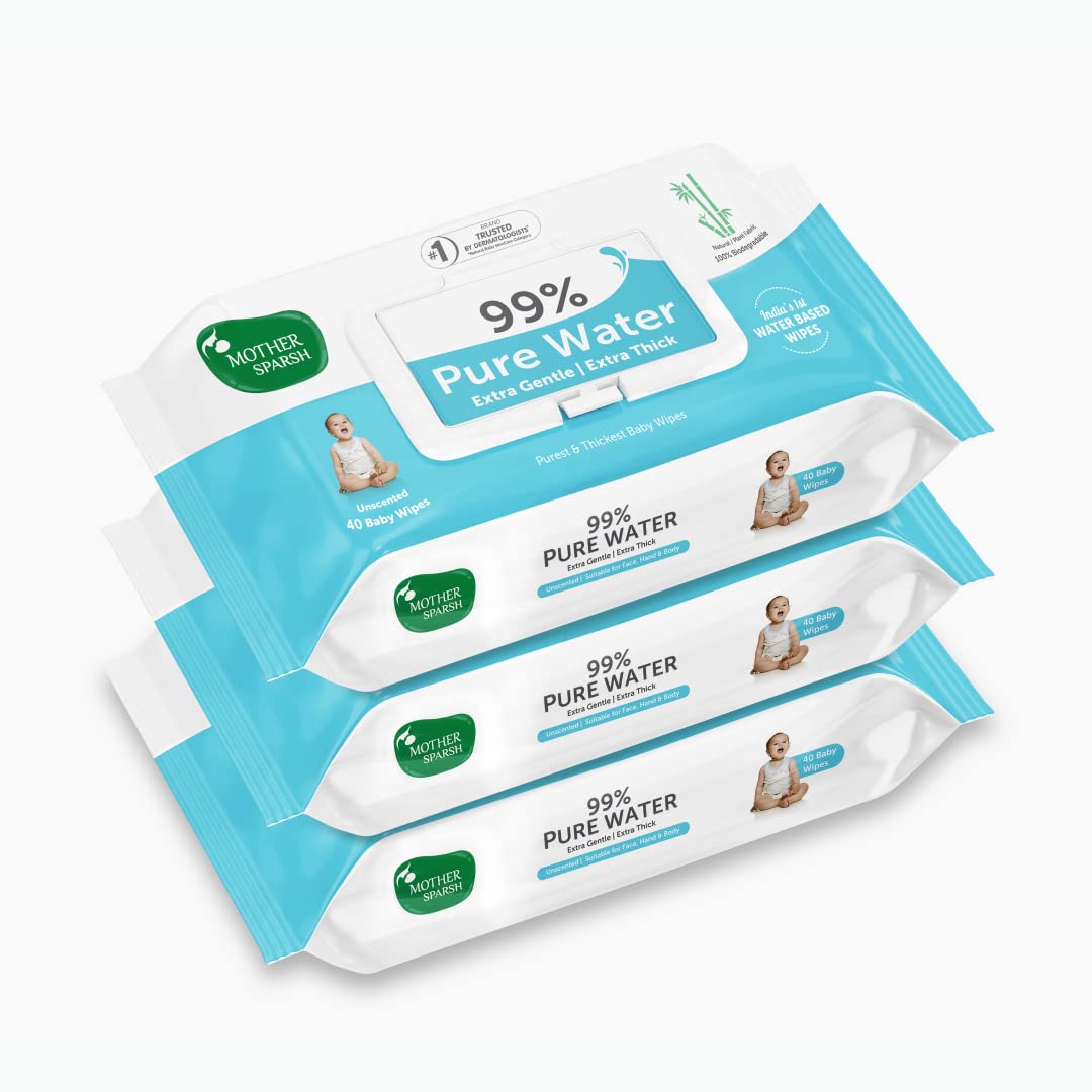 Mother Sparsh 99% Pure Water (Unscented) Baby Wipes with Lid I Natural Plant made cloth - Super thick Wet Wipes I 72 pcs/pack - Pack of 2 (Super Saver Pack)