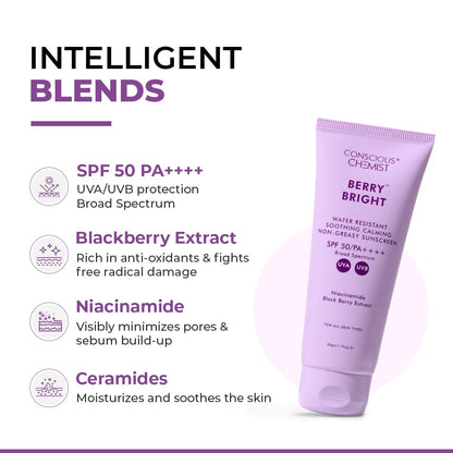Conscious Chemist® Sunscreen SPF 50 PA++++ | 50g | Sunscreen for Oily Skin, Gel Sunscreen, Niacinamide with Black Berry Extract, Hybrid Lightweight, All Skin Types - Berry Bright