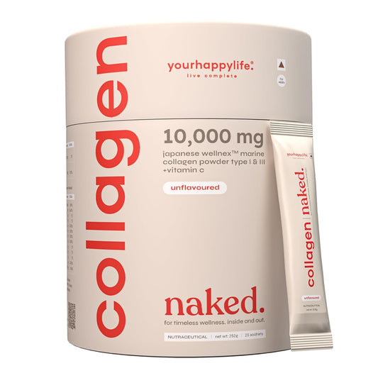 YourHappyLife Collagen Naked | Japanese Unflavored Marine Collagen Peptides Type 1 & 3 with Vitamin C for Men & Women For Skin, Joints, Hair & Nails | Hydrolyzed for Fast Absorption | 10,000mg Collagen + 80mg Vitamin C | Pack of 1 (250 gm)
