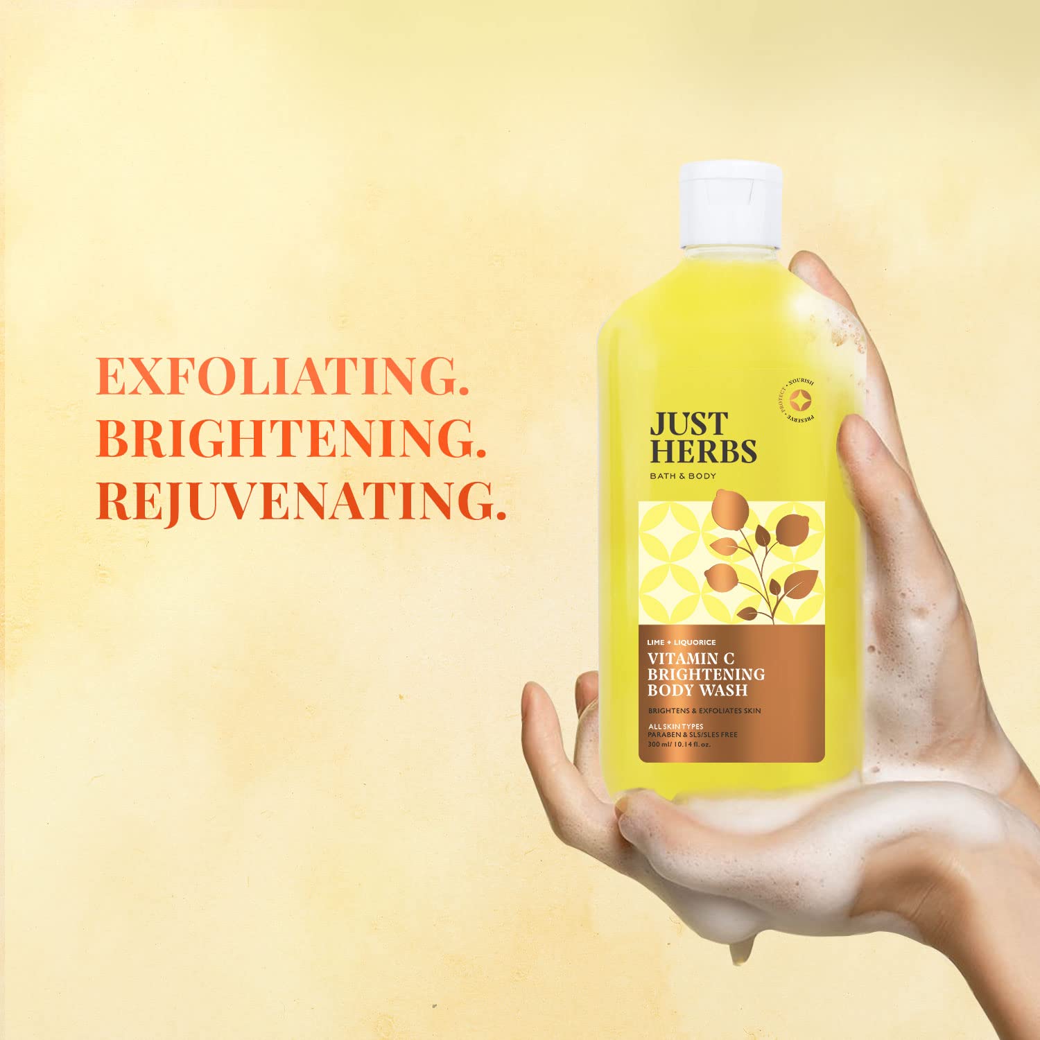 Just Herbs Vitamin C Brightening Body Wash with Lime and Liquorice for Men & Women | Hydrates Skin, Reduces Hyperpigmentation & Maintains pH Level | Suits All Skin Types- 300 ml